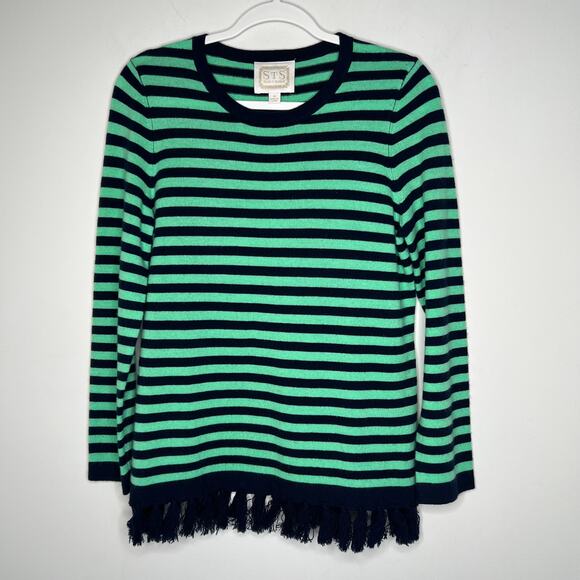 Sail to Sable Green & Navy Stripe Fringe Sweater Size M - Picture 6 of 7